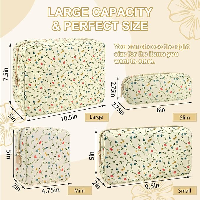 Waterproof Mini Floral Makeup Bag Pouch for Purse,Nylon Flower Cosmetic Bag Small Preppy Toiletry Organizers Bag for Women Girl,Cute Zipper Pouch Coin Purse for Work(Mini Light Yellow-Flowers)