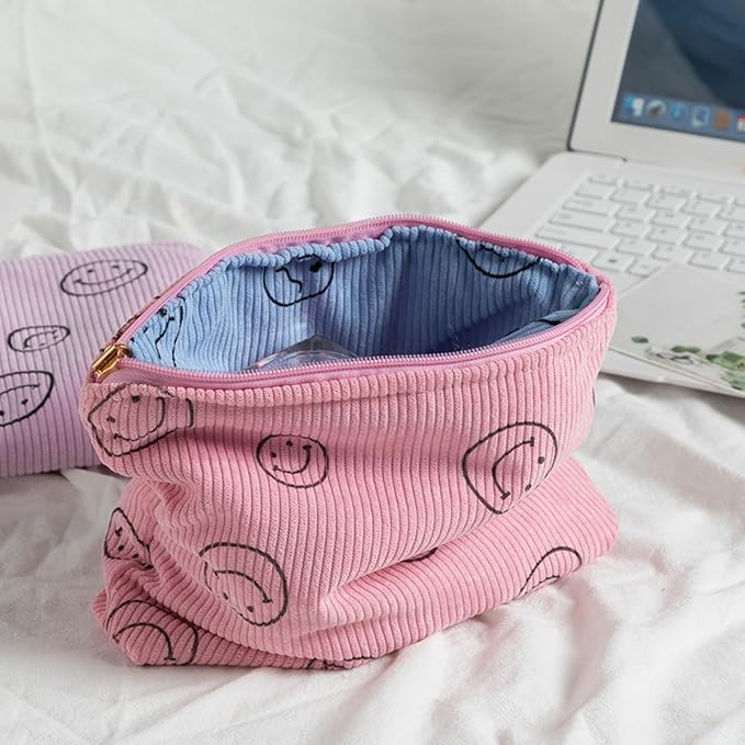 Cosmetic Bags for Women - Corduroy Cosmetic Bag Aesthetic Women Handbags Purses Smile Dots Makeup Organizer Storage Makeup Bag Girls Case Bags (Double Pink Blue)