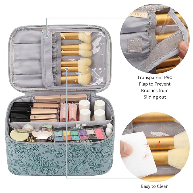 OCHEAL Makeup Bag,Travel Makeup Organizer Bag, Large Capacity Cosmetic Bags for Women Large Travel Toiletry Bag for Girls Traveling With Brush Slot And Divider-Blue Floral