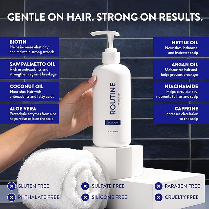 Routine Wellness Anti-Thinning Shampoo for Thinning Hair - Biotin DHT Blocker Women & Men - Color Safe Shampoo for Hair Loss & Healthy Hair - Vanilla Cashmere & Oak 14oz