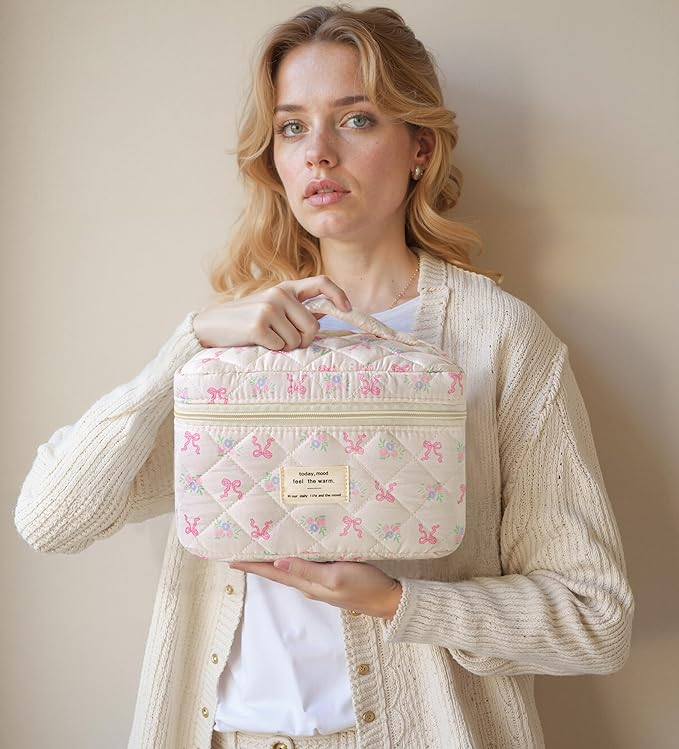 HBselect Quilted Makeup Bag, 3PCS Cotton Large Travel Makeup Bag, Cute Floral Coquette Make up Bag Cosmetic Bag Toiletry Bag for Women Girls