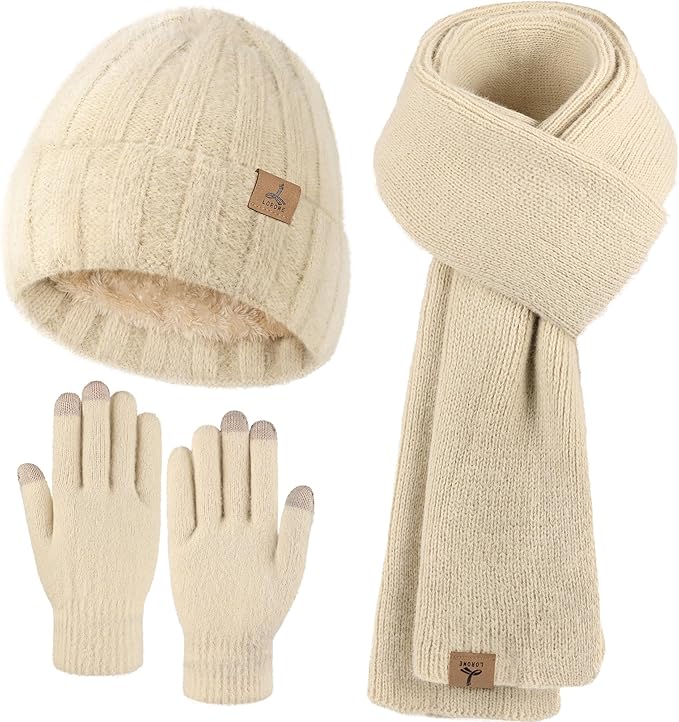 Winter Beanie Hat Scarf Gloves, Warm Fleece Knit Hat Long Scarf Neck Warmer Touch Screen Winter Gloves Set Gifts for Women