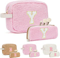 2PCS Makeup Bag with Initials, Christmas Day Gifts for Teen Girls Trendy Stuff, Personalized Cosmetic Travel Bag Pouch for Granddaughter, Cute Plush Make up Bags for Birthday - Pink Y