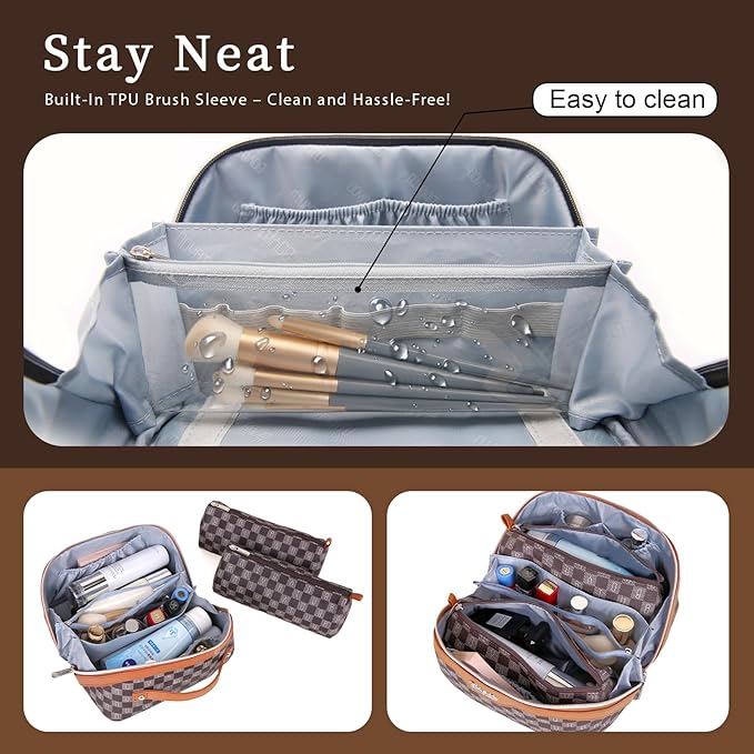 BOYATU Travel Makeup Bag Cosmetic Bags for Women: 3 Pcs Set Portable Make up Bag with Handle - Vegan Leather Toiletry Bags with Compartments - Makeup Organizer for Travel Essentials(C-2-Brown)