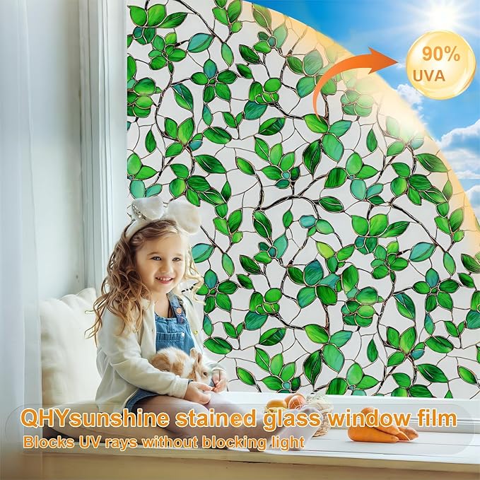 Window Privacy Film Stained Glass Window Film Frosted Window Film Window clings Non-Adhesive Reusable Decorative for Home Removable(Green Frosted, 35.4 X 78.7 in)