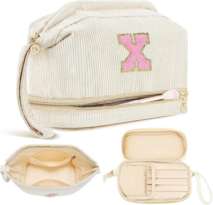 Makeup Bag for Girls Gift, Personalized Christmas Gifts Initial Women Makeup Bag for Travel, Double Layer Cosmetic Bag with Brush Organizer Preppy Make up Bag for Teen Girl Trendy - X