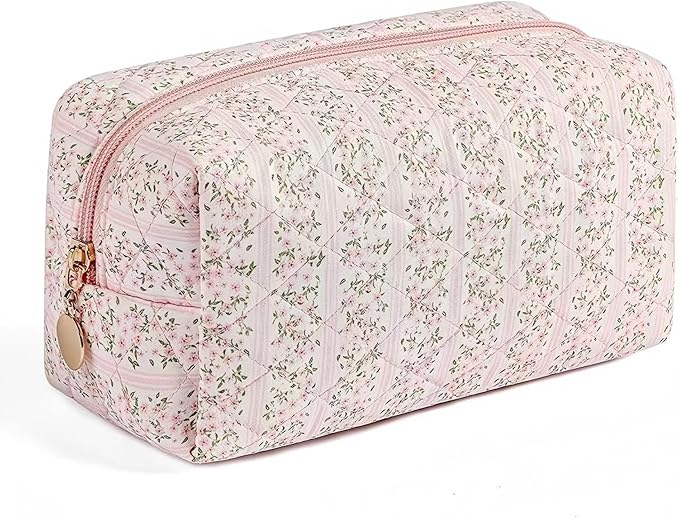 Floral Cotton Makeup Brush Cosmetic Bag for Women, Travel Quilted Zipper Pouch, Large Capacity Flowers Toiletry Organizer, Kawaii Makeup Storage Case, Cosmetic Travel Cloth Bag-Pink Floral