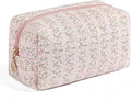 Floral Cotton Makeup Brush Cosmetic Bag for Women, Travel Quilted Zipper Pouch, Large Capacity Flowers Toiletry Organizer, Kawaii Makeup Storage Case, Cosmetic Travel Cloth Bag-Pink Floral