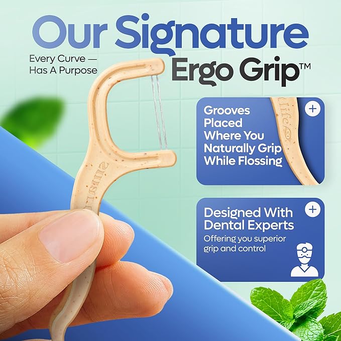 SmartLifeco Eco-Friendly Dual-Thread Dental Floss Picks (200ct) - Flossers Made with Straw Wheat Blend, Superior Anti-Shred for Tight Gaps, Tooth Pick Stick for Adults, Soft on Gum & Teeth, Mint