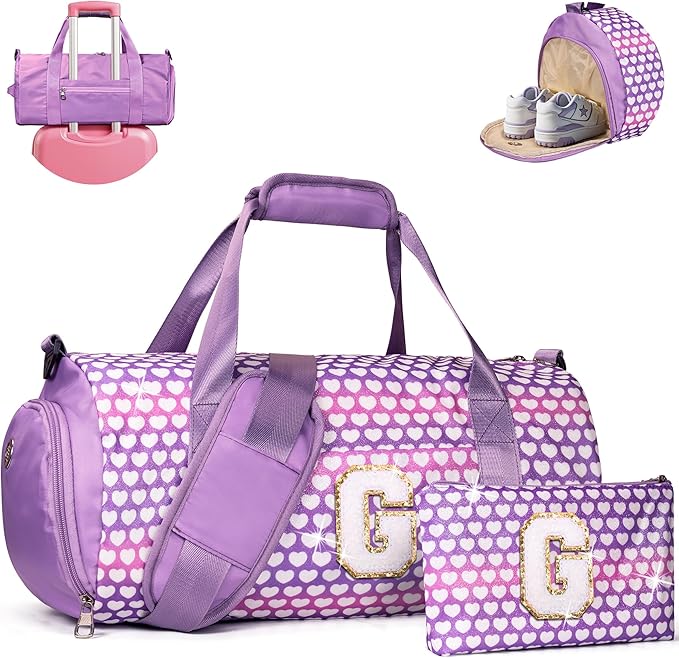 Christmas Gifts for Grandkids, Girls Travel Duffel Bag, Kids Initial Overnight Bags with Shoe Compartment, Personalized Gym Ballet Dance Bag with Makeup Pouch, Gift for Kid (Letter G)