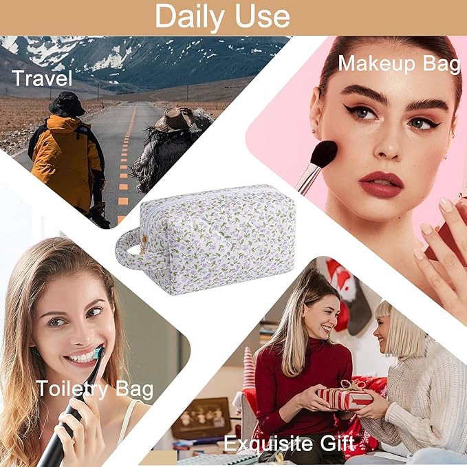 Makeup Bag Travel Cosmetic Bag for Women, Zipper Make Up Pouch, Floral Flowers Toiletry Organizer Makeup with Handle, Cosmetic Travel Cloth Bag (Purple Floral)