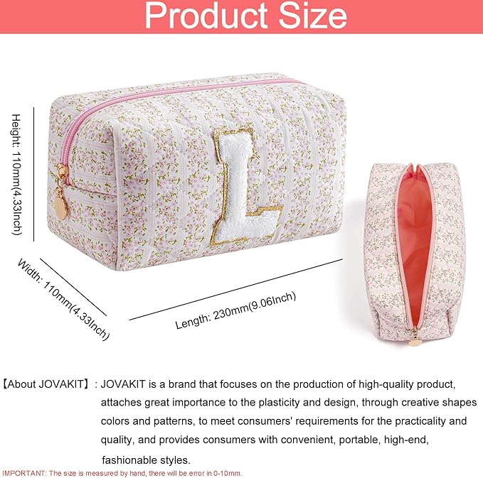 JOVAKIT Alphabet Makeup Bag Cosmetic Bag for Women, Christmas Gifts for Girls Age 6-18, Floral Flowers Coquette Travel Toiletry Zipper Make Up Pouch Organizer Trendy Stuff (Pink Floral L)
