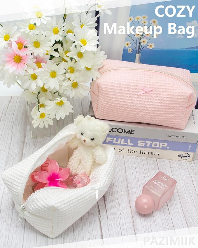 PAZIMIIK 6PCS Cozy Makeup Bag Travel Cosmetic Bag for Women Soft Toiletry Bag Aesthetic Makeup Organizer Portable Large Zipper Pouch for Skincare Beauty Accessories Brushes Waffle Check Cream White