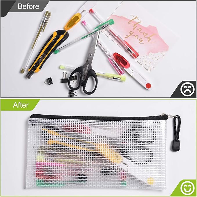 12 Pcs Plastic Mesh Pencil Pouch, Waterproof Tear-Resistant Document File Folders, Zipper Documents Pouch Document Organizer Bags for School Office Business Home Travel Storage(9.25×4.25Inch)