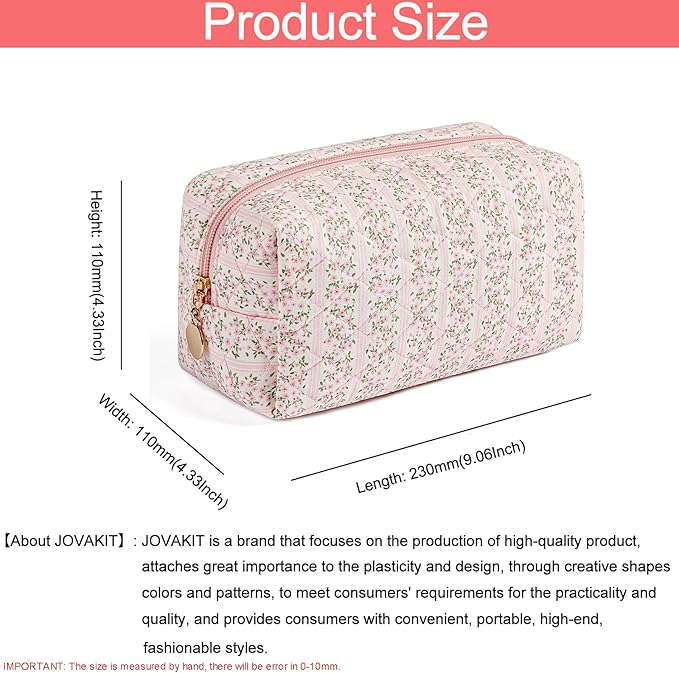 JOVAKIT Square Makeup Bag Cute Cosmetic Bag for Women, Floral Coquette Aesthetic Toiletry Bag, Zipper Make Up Pouch, Travel Make Up Organizer Bag (Pink+Bright Red Floral)