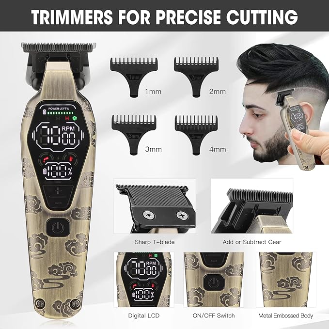 Professional Cordless Barber Clippers for Men - Hair Clippers Zero Gap T-Blade Trimmer Electric Foil Shaver and Nose Hair Trimmer Set, Hair Cutting Grooming Kit Ideal Gift for Men