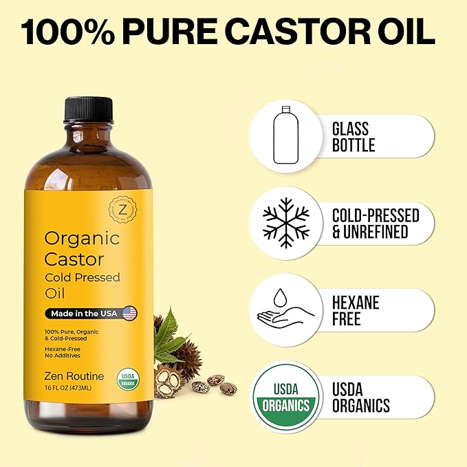 Zen Routine Organic Castor Oil (32oz Big Glass Bottle) Hexane Free – Hair Growth Oil, Eye Lashes & Stomach – Pure 100% Cold Pressed Unrefined Oil for Castor Pack – USDA Certified, Made in the USA