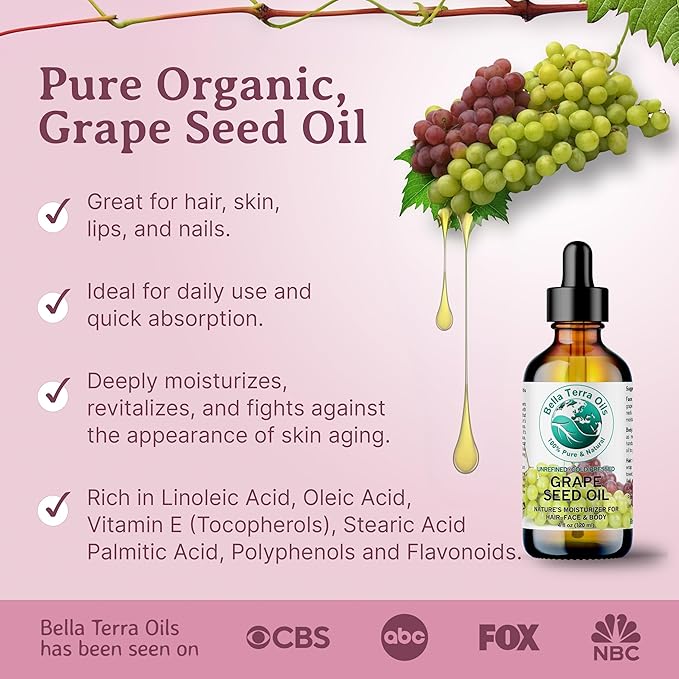 Bella Terra Oils - Organic Grape Seed Oil 16 oz - Celebrate the Essence of Cold-Pressed Organic Grapes, Rich in Vitamin D & Beta-carotene, The Ultimate Skin Nourishing Experience