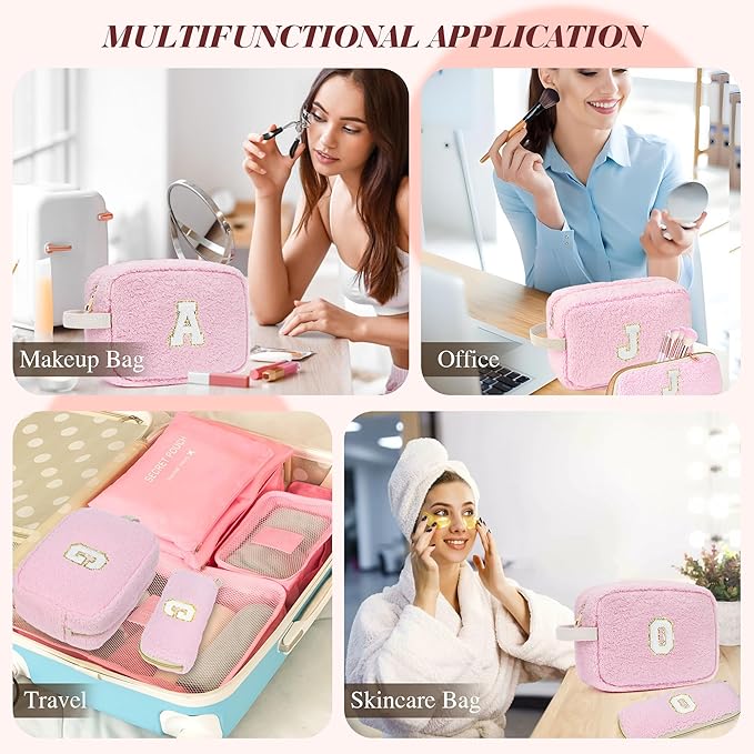 2PCS Makeup Bag with Initials, Christmas Day Gifts for Teen Girls Trendy Stuff, Personalized Cosmetic Travel Bag Pouch for Granddaughter, Cute Plush Make up Bags for Birthday - Pink T