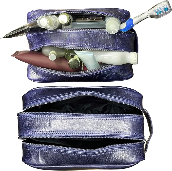 RUSTIC TOWN Leather Toiletry Bag for Men - Travel Shaving Ditty Kit - Bathroom Shower Toiletries Organizer - Leather Cosmetic Bag for Women (Oxford Blue)