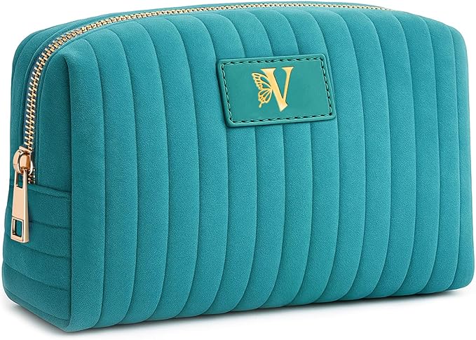 Monogrammed Make Up Bags for Women,Personalized Cosmetic Bags Women,Small Quilted Makeup Pouch,Cute Makeup Bag Travel,Birthday Gifts for Teen Girl (Blue V)