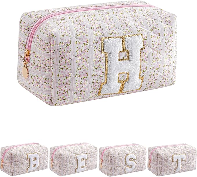 JOVAKIT Makeup Bag Cosmetic Bags for Women, Christmas Gifts for Girls Age 6-18, Alphabet Pink Floral Coquette Zipper Travel Makeup Pouch, Organizer Case Trendy Stuff (Pink Floral H)