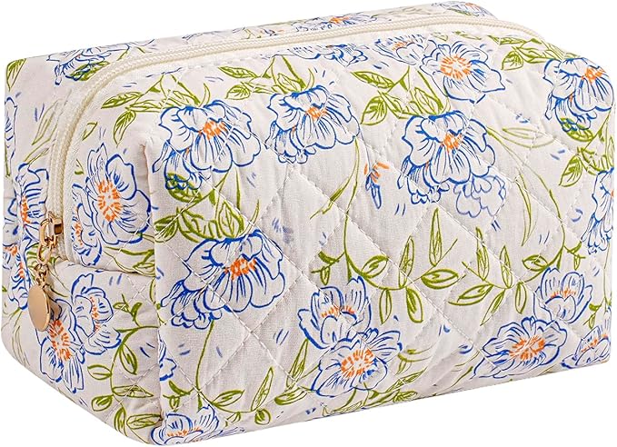 Makeup Bag Travel Cosmetic Bag for Women Girls, Zipper Make Up Pouch, Floral Flowers Toiletry Organizer Makeup, Portable Storage Cosmetic Travel Cloth Bag (Large Blue Flowers)