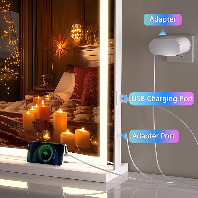 Hasipu Vanity Mirror with Lights, 42" x 30" LED Makeup Mirror, Lighted Makeup Mirror with Dimmable 3 Modes, Touch Screen Control Vanity Mirror Square White
