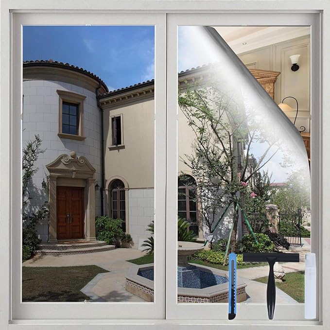 Volcanics One Way Window Privacy Film with Installation Tools, Sun Blocking Window Tinting Film for Home Heat Control Mirror Tint Film Static Cling 35.4 x 78.7 Inches, Silver