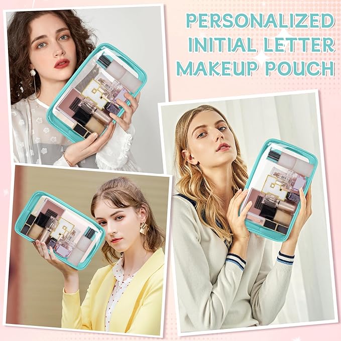 Personalized Initial Clear Makeup Bag, Travel Chenille Patch Cosmetic Bag, Preppy Toiletry Bag Monogram Cosmetic Pouch with Zipper, Ideal Gift for Teen Girls Women (Clear-Green, F)