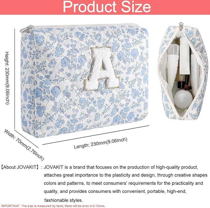 JOVAKIT Alphabet Makeup Bag Cosmetic Bag for Women, Christmas Gifts for Girls Age 6-18, Floral Flowers Coquette Travel Toiletry Zipper Make Up Pouch Organizer Trendy Stuff (2Pcs Blue Floral A)