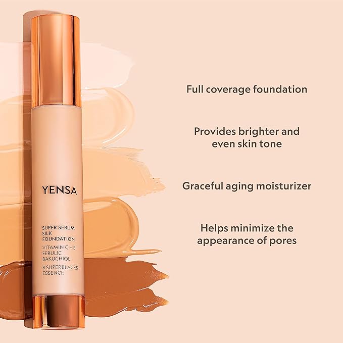 YENSA Serum Foundation Makeup - Super Silk Full Coverage Foundation Enriched with Peptides, Vitamin C & Ferulic Acid to Help Reduce Fine Lines, Wrinkles & Dark Circles - Deep 3 (1 oz)