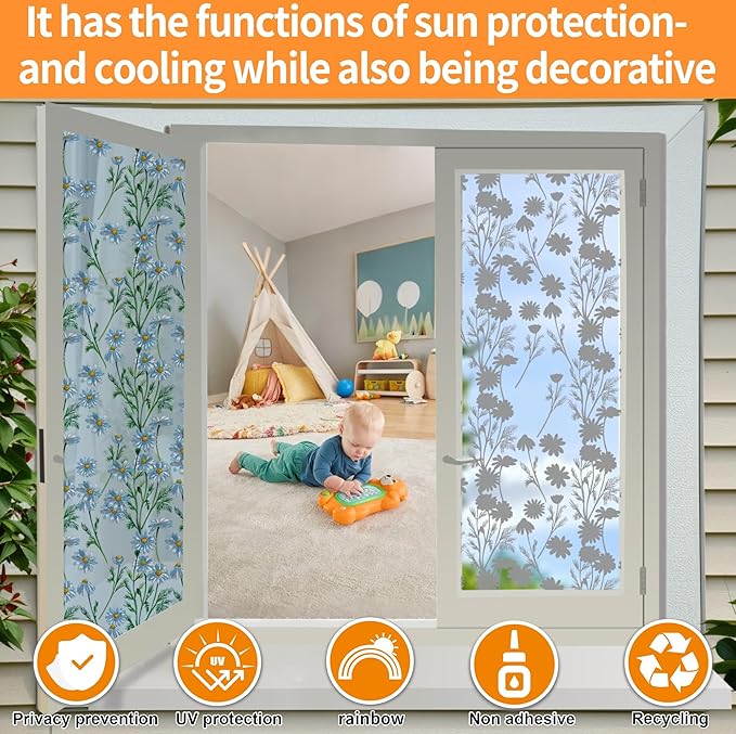 One Way Privacy Film, Window Tint for Home,Daytime Reflective, Anti UV Static Cling Sliding Door Coverings No Glue Garage Solar Paper (Silver -Daisy, 23.6 x 78.7 in)
