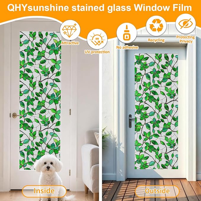 Window Privacy Film Stained Glass Window Film Frosted Window Film Window clings Non-Adhesive Reusable Decorative for Home Removable (Green Frosted, 17.5 X 78.7 in)