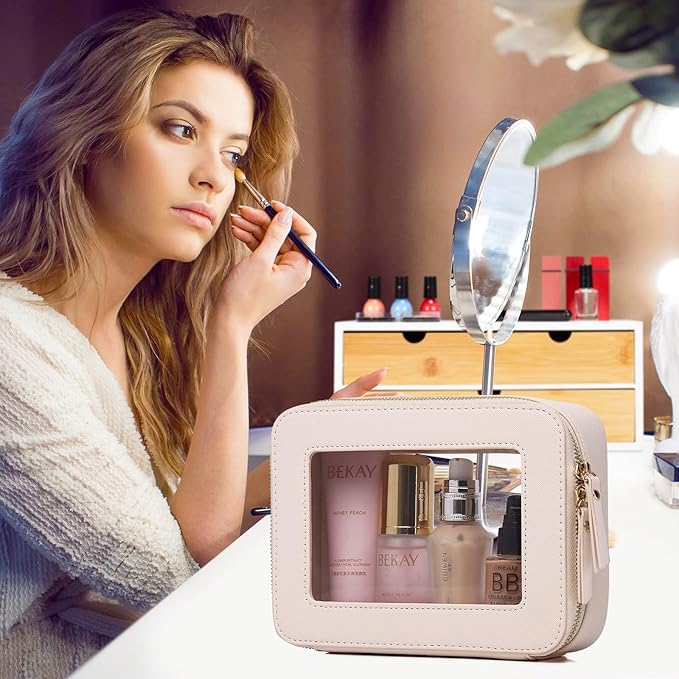 Pinkmik Clear Makeup Bag Waterproof Travel Case for Cosmetics and Toiletries Women's Purse Organizer and Clear Car Bag with Zipper (Beige, M+MINI)