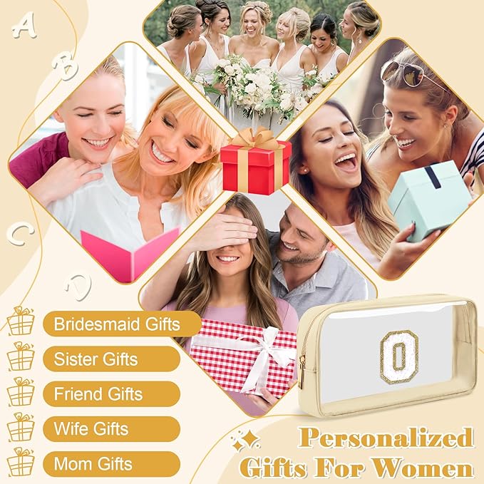 Personalized Initial Letter Clear Makeup Bag,Preppy Small Nylon&PVC Cosmetic Zipper Bag with Chenille Letter,Portable Beach Travel Skincare Toiletry Bag,Trendy Monogram Gift for Teen Girls Women,O