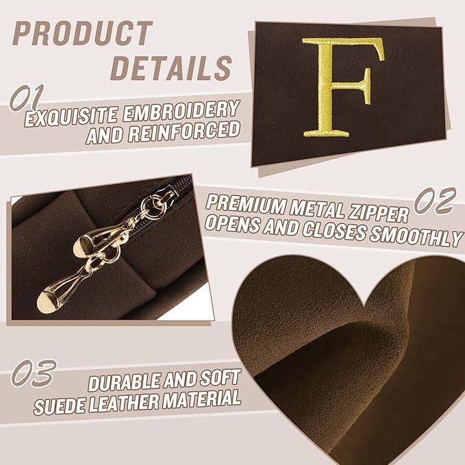Personalized Initial Makeup Bag,Preppy Suede Cosmetic Bag for Teen Girls,Small Monogram Travel Toiletry Bag With Gold Embroidered Letter,Trendy Stuff Custom Christmas Gift for Women(Coffee-F)