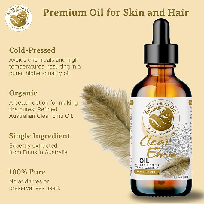 Bella Terra Oils Clear Emu Oil for Hair and Skin – 1gallon, Highly Absorbable, Moisturizing, Non-Greasy, Revitalizing