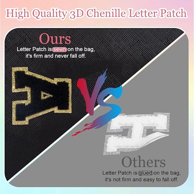 Small Personalized Letter Makeup Bag, Cute PU Leather Chenille Letters Cosmetic Bag Travel Makeup Pouch, Preppy Travel Organizer Zipper Pouch for Women&Girls（Black-O）