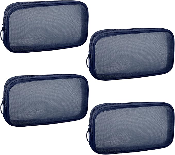 4 Pieces Mini Zipper Nylon Mesh Pouch, Mesh Cosmetic Bags Makeup Bags, Multipurpose Travel Toiletry Bags for Office Supplies and Travel Accessories (Navy Blue, M)