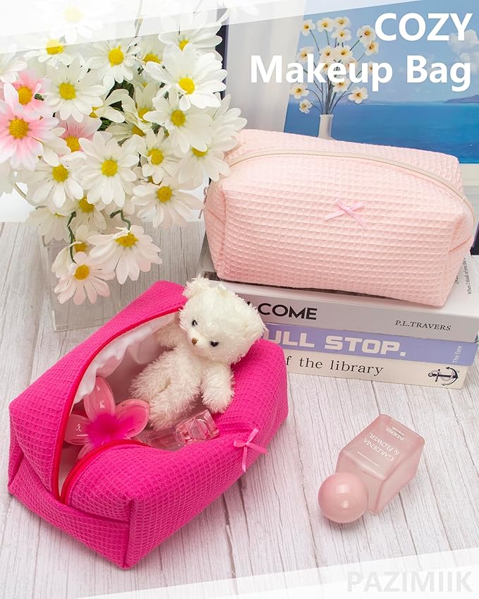 PAZIMIIK Cozy Makeup Bag Travel Cosmetic Bag for Women Soft Toiletry Bag Aesthetic Makeup Organizer Portable Large Zipper Pouch for Skincare Beauty Accessories Brushes Waffle Hotpink