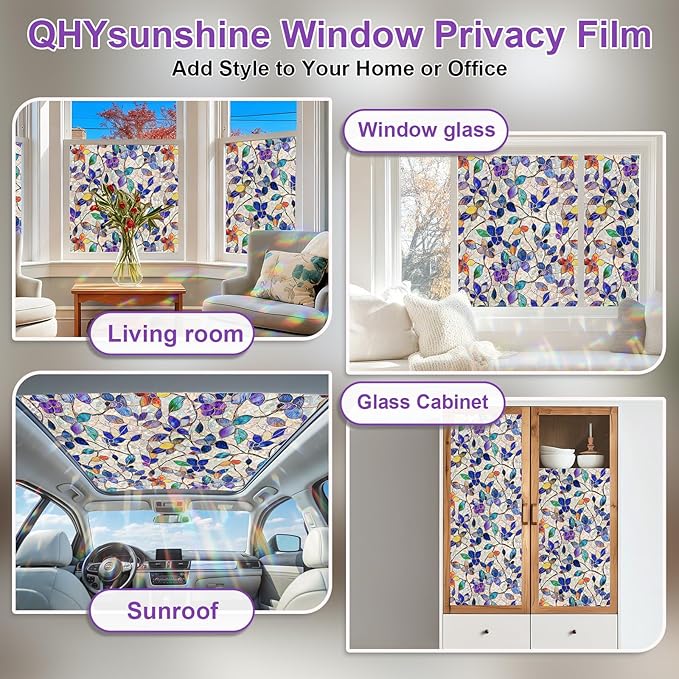 Stained Glass Window Privacy FilmDecorative Rainbow Static Clings -ldeal for Home &Office,Adhesive-Free,Removable, Uv-Blocking (Purple Rainbow, 35.4 X 157.4 in)