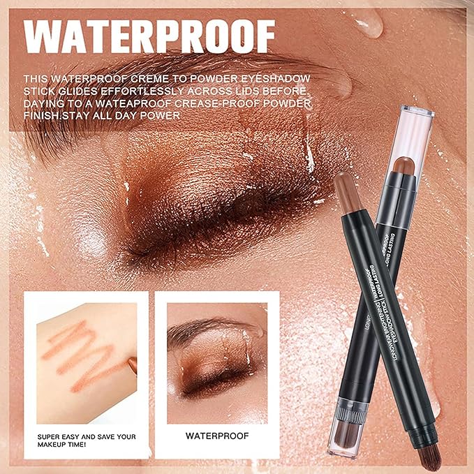 Dark Brown Dual Ended Eyeshadow Stick 12 Colors Matte and Shimmer Waterproof Long Lasting Creamy Eyeshadow Pencil for Smokey Eye Natural Everyday Makeup