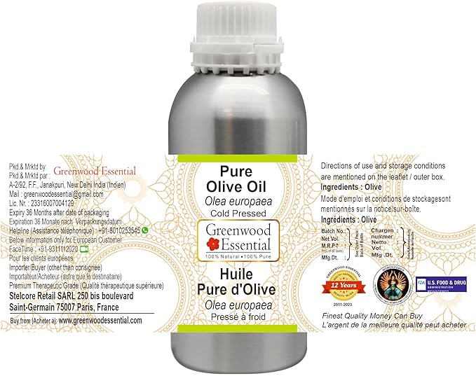 Greenwood Essential Pure Olive Oil (Olea europaea) Cold Pressed 1250ml (42 oz)