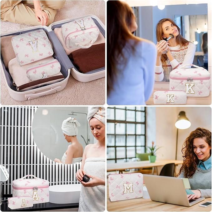 Initial Makeup Bag Set, Personalized Quilted Makeup Bag, Large Floral Cosmetic Bag for Women, Cute Cotton Custom Make up Bags, Flower Travel Toiletry Bag Teen Girl Gift Pink Butterfly E