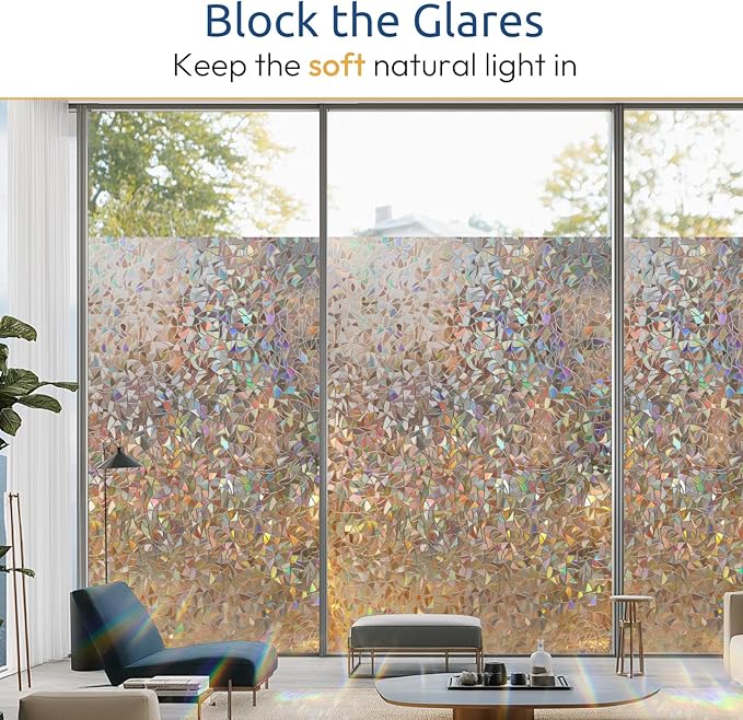 rabbitgoo Window Privacy Film Rainbow Film Decorative Window Sticker, 3D Static Stained Glass Cling Tint for Home Heat Control Non-Adhesive, Brown, 35.4 x 157.4 inches