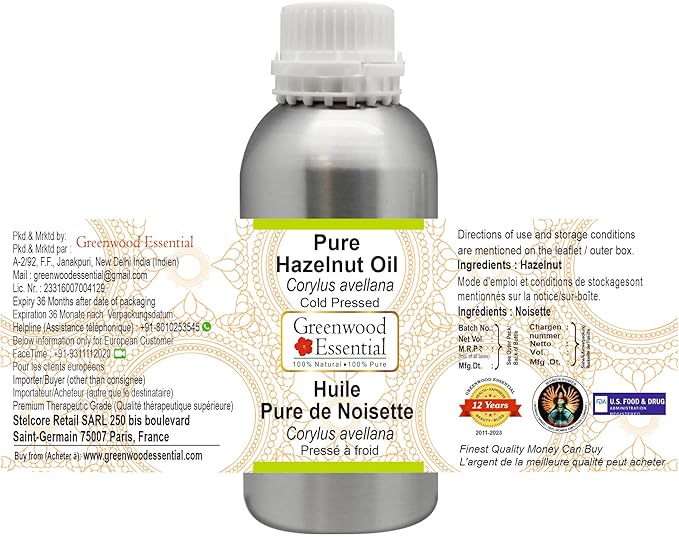 Greenwood Essential Pure Hazelnut Oil (Corylus avellana) Cold Pressed 1250ml (42 oz)