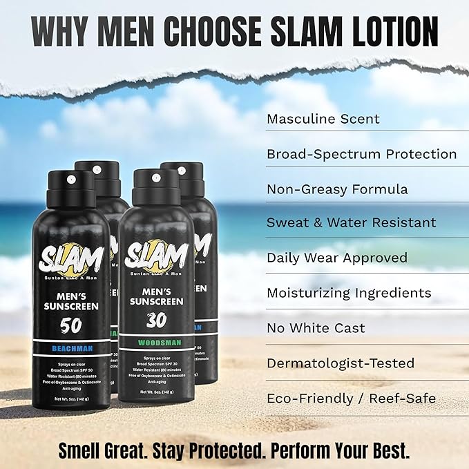 SLAM BeachMan Men's Scented Sunscreen Spray SPF 30 – Broad Spectrum Sun Screen for Face & Body, Water & Sweat Resistant Spray Sunscreen SPF 30, UVA/UVB Protection, Mens Sunblock