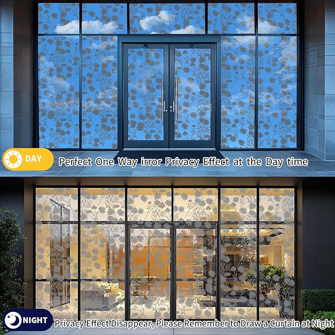 One Way Privacy Film, Window Tint for Home,Daytime Reflective, Anti UV Static Cling Sliding Door Coverings No Glue Garage Solar Paper (Silver -Daisy, 23.6 x 78.7 in)