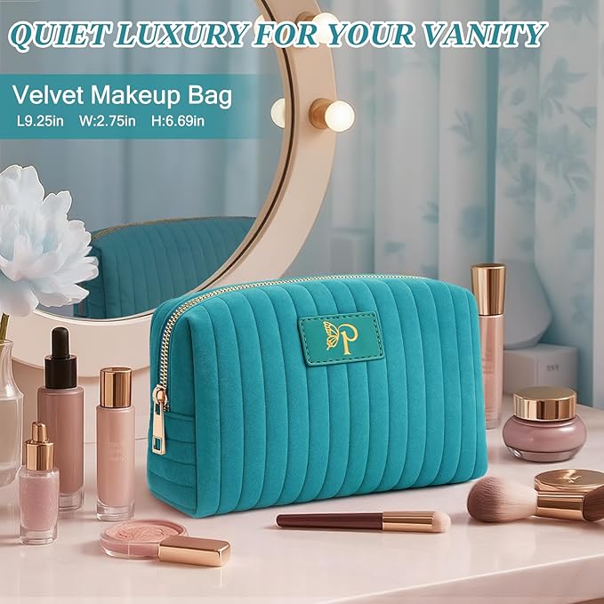 Monogrammed Make Up Bags for Women,Personalized Cosmetic Bags Women,Small Quilted Makeup Pouch,Cute Makeup Bag Travel,Birthday Gifts for Teen Girl (Blue P)